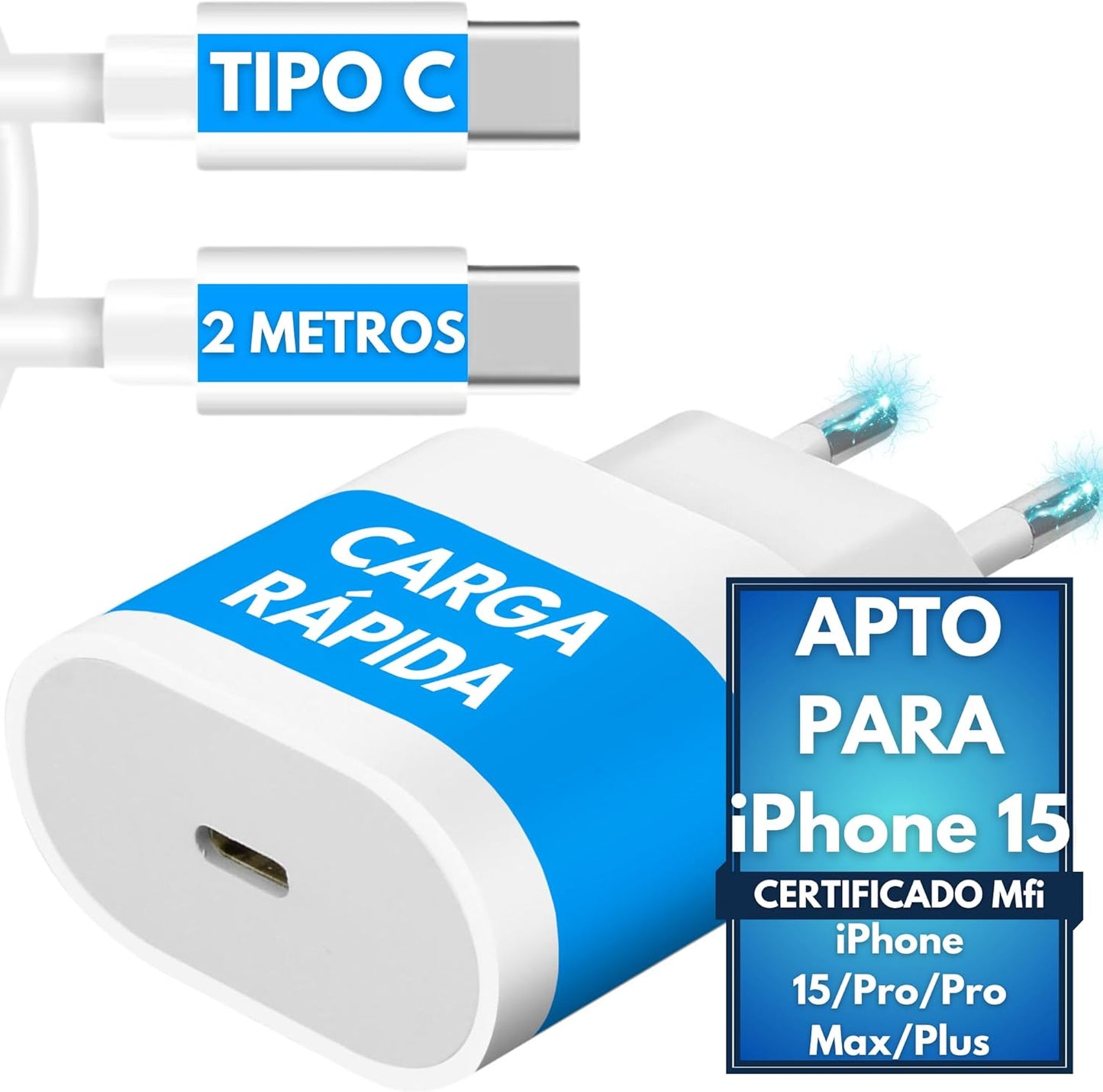 NETINERS® Cargador Tipo C Carga rapida Original Compatible con iPhone 16/16 Pro/16 Pro Max/16 Plus/15/15 Pro/15 Pro Max/15 Plus/iPad Pro/iPad Air, 20W + Cable iPhone de 2 Metros con Certificado MFI