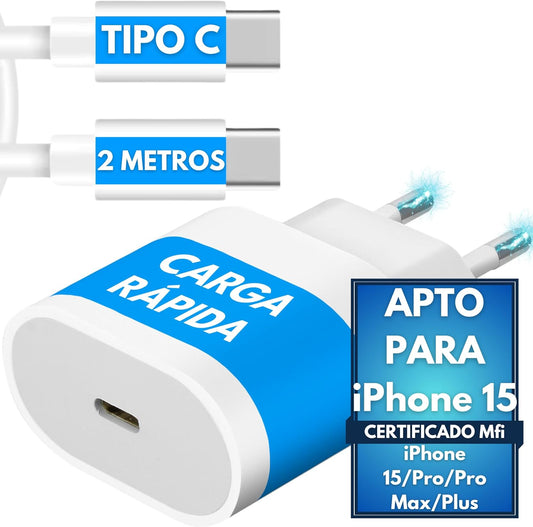 NETINERS® Cargador Tipo C Carga rapida Original Compatible con iPhone 16/16 Pro/16 Pro Max/16 Plus/15/15 Pro/15 Pro Max/15 Plus/iPad Pro/iPad Air, 20W + Cable iPhone de 2 Metros con Certificado MFI