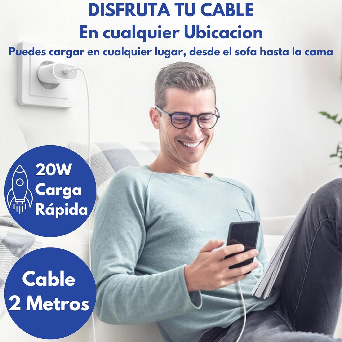 NETINERS® Cargador Tipo C Carga rapida Original Compatible con iPhone 16/16 Pro/16 Pro Max/16 Plus/15/15 Pro/15 Pro Max/15 Plus/iPad Pro/iPad Air, 20W + Cable iPhone de 2 Metros con Certificado MFI